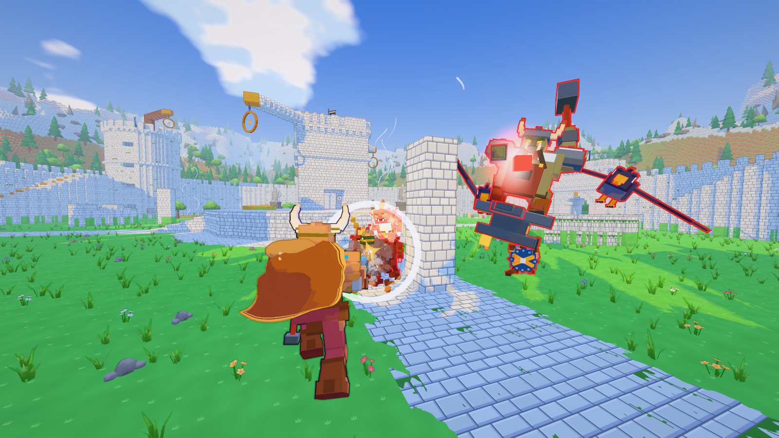 A hero fights enemies in front of the castle wall in Jotunheim