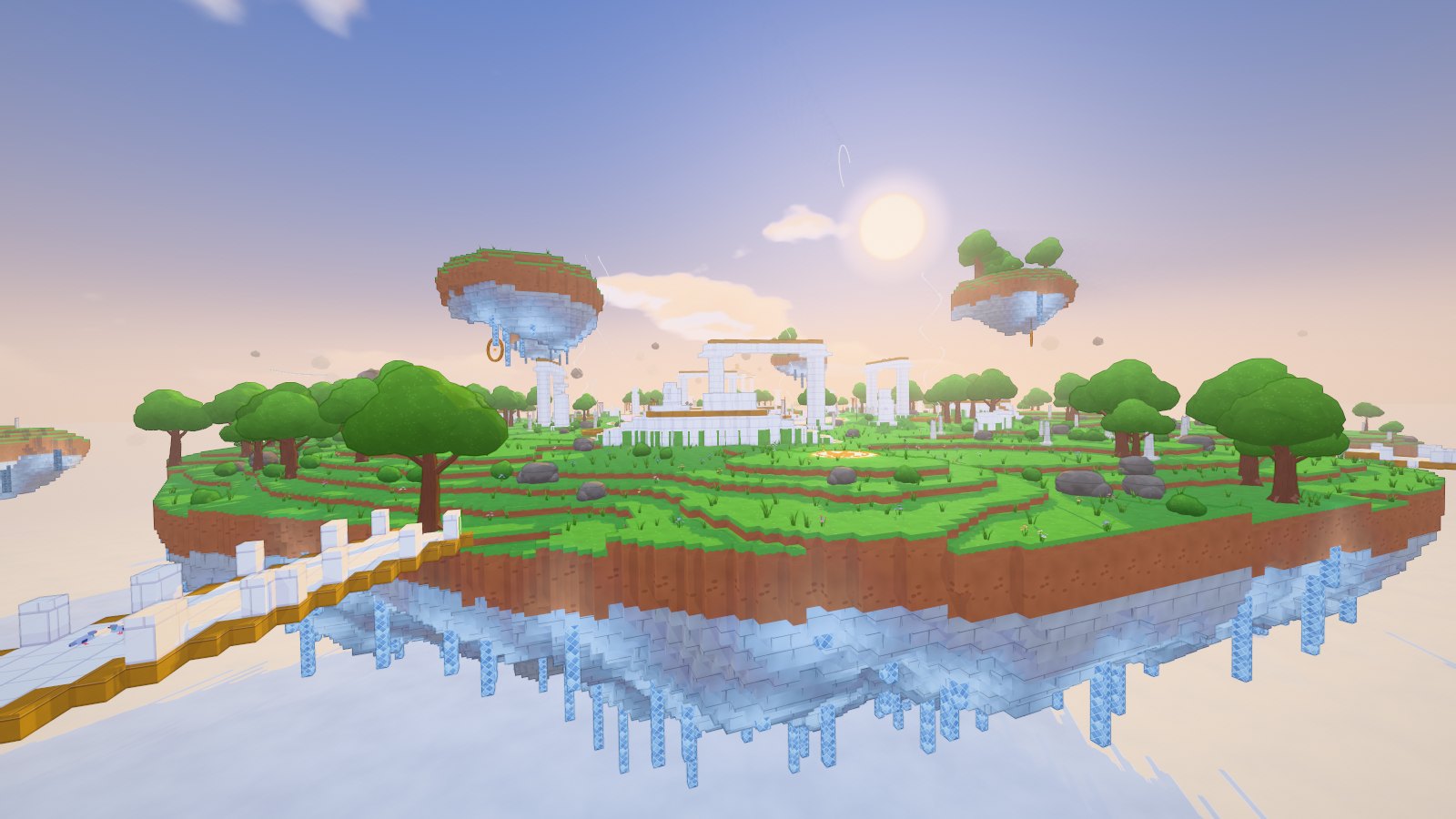 Alfheim at sunrise: a floating island with a temple above the sea of clouds