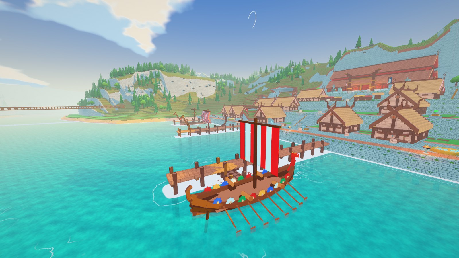 Kattegat: a longship at the pier in front of the fjord village